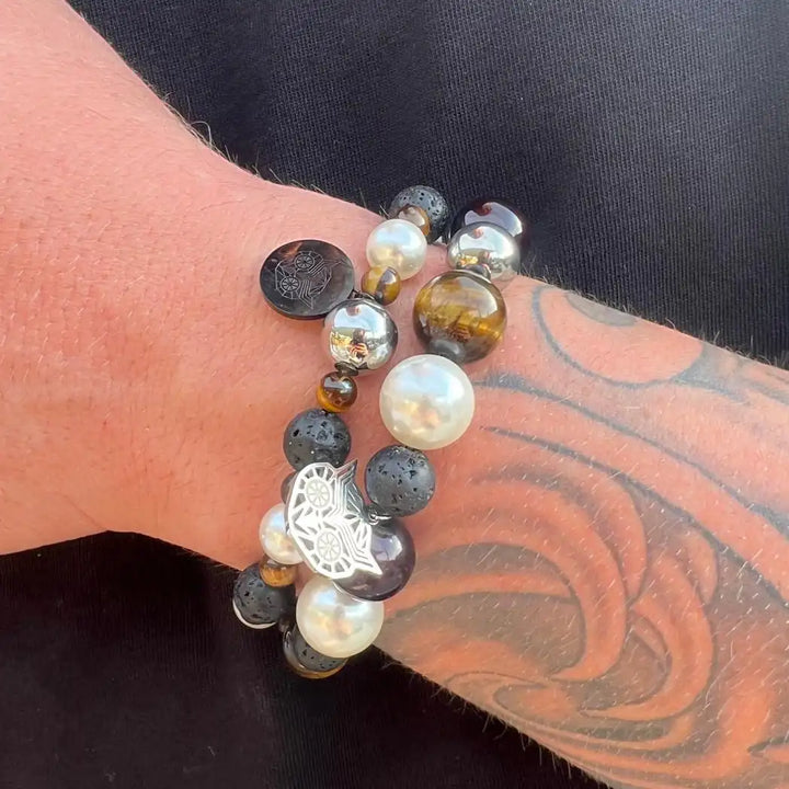 Handgemaakt in Nederland, kralenarmband, unisex, tiger eye, pearls, volcanic bead, lava kralen, diverse maten, armband- Lemon Luxury