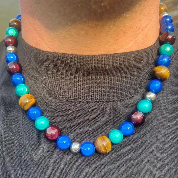"Handgemaakte kralenketting met blauwe, groene, bruine en zilveren tinten, tiger eyes, 3D effect, eyecatcher, stainless steel – Lemon Luxury"