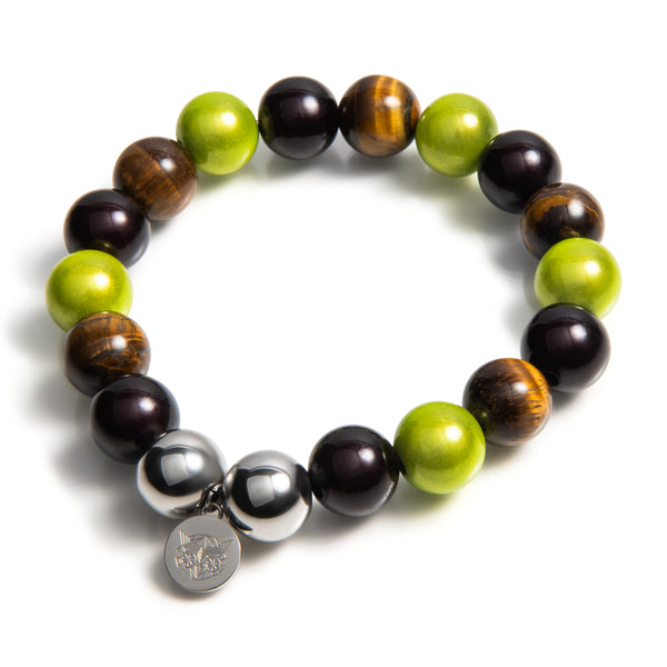 "Handgemaakte kralenarmband met groene, bruine en zilveren tinten, tiger eye kralen, 3D-effect, eyecatcher met stainless steel  – Lemon Luxury"