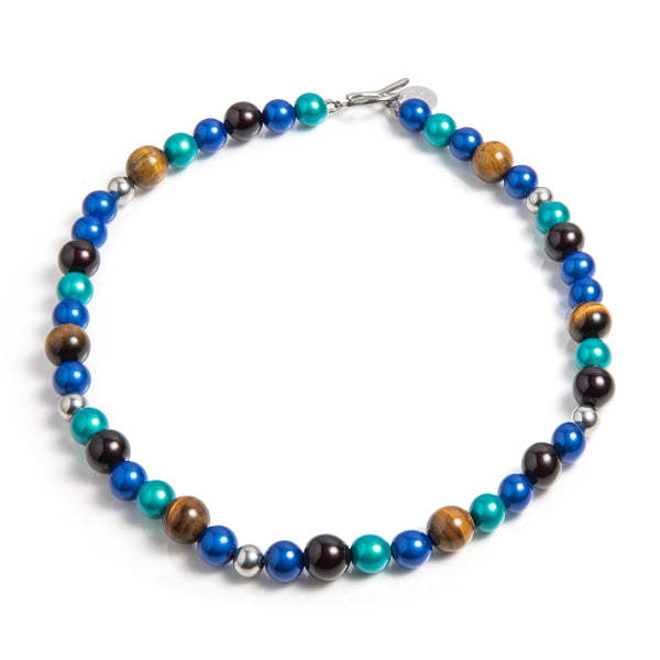 "Handgemaakte kralenketting met blauwe, groene, bruine en zilveren tinten, tiger eyes, 3D effect, eyecatcher – Lemon Luxury"
